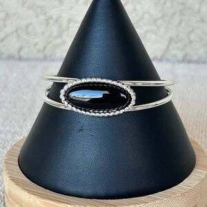 Contemporary Silver and Black Stone Cuff